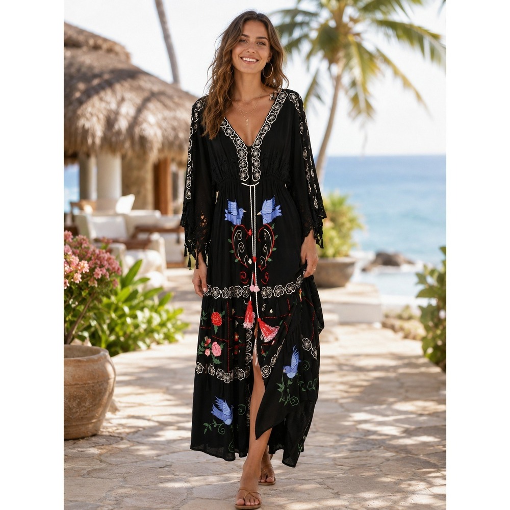 Free People Fillyboo Embroidered Dress Maxi Boho Festival Kimono XS 100% Rayon - Picture 2 of 16